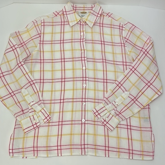 Talbots Irish Linen Windowpane Button Up Shirt Size 10 Long Sleeve Pink … - Picture 12 of 12